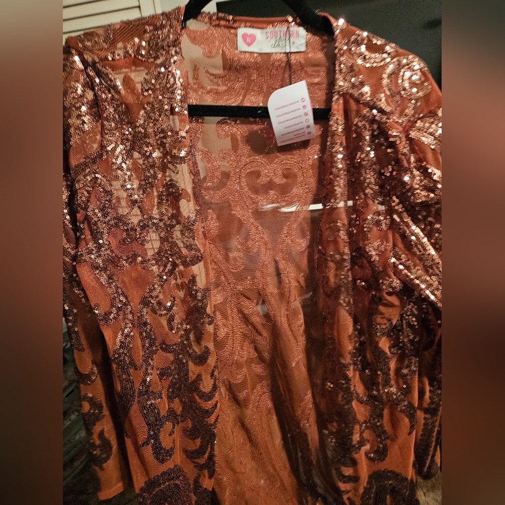 Rust Sequin Embellished Sheer Cardigan